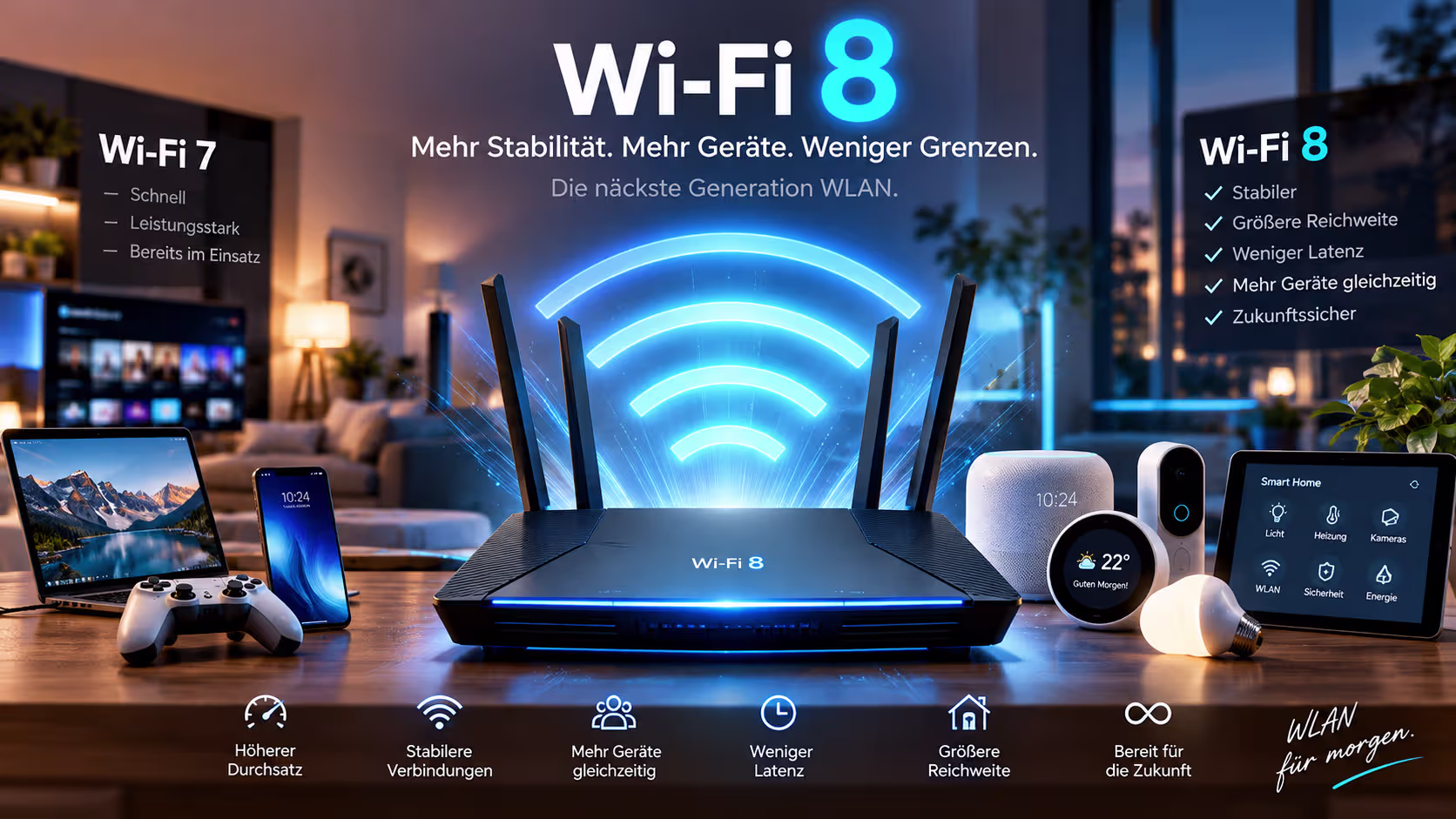 WiFi 8 Router mit vielen verbundenen Geräten im modernen WLAN